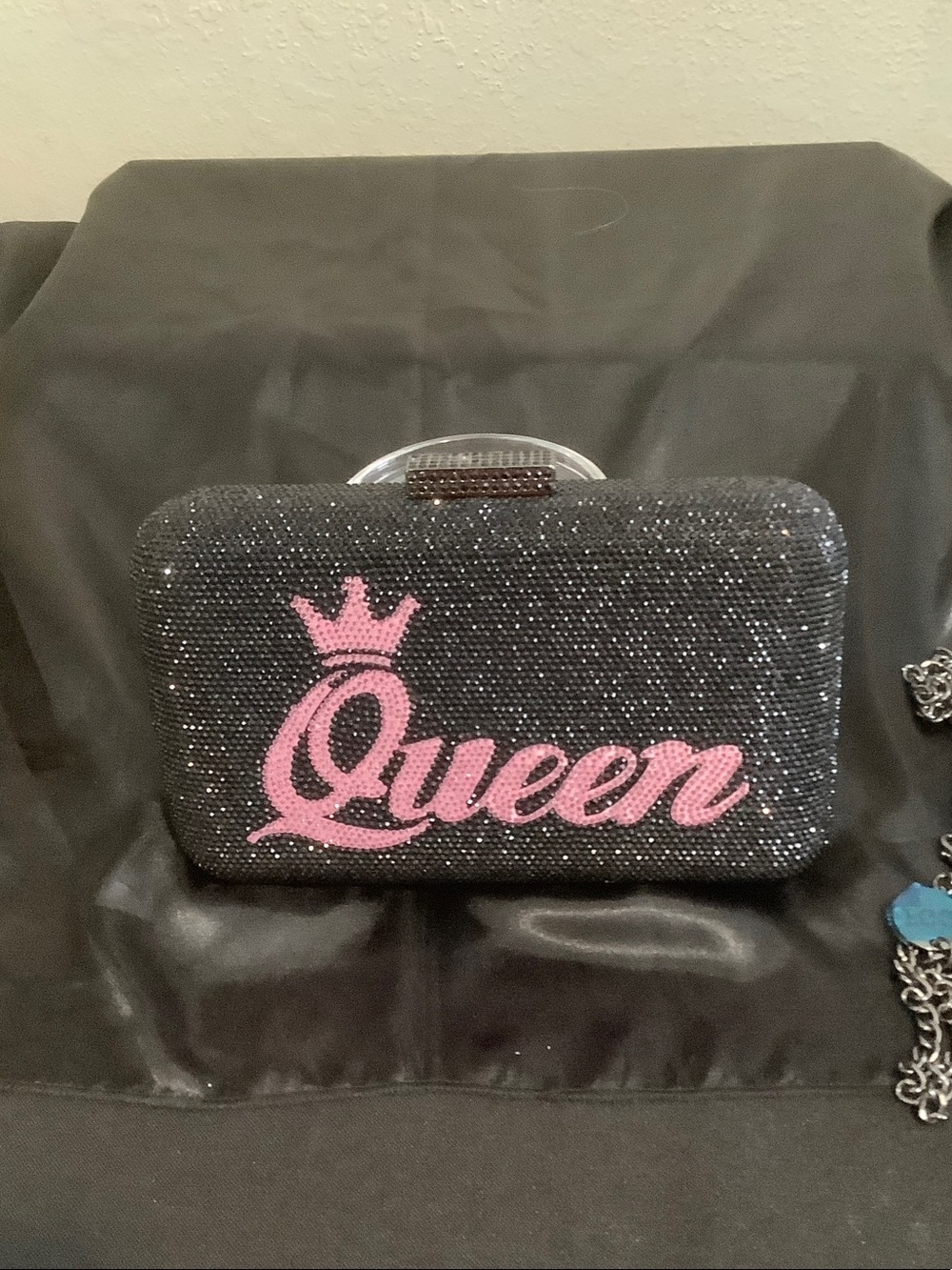 Black Rhinestone 'Queen' Clutch with Pink Script